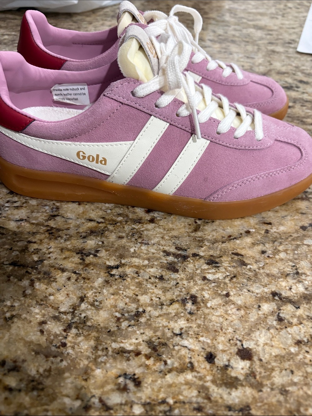 Gola Women's Pink Suede Sneakers with White Stripes and Gum Sole - Picture 3 of 9